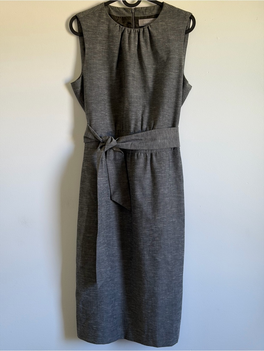 Liz Claiborne Sleeveless Gray Midi Sheath Dress with Tie Belt